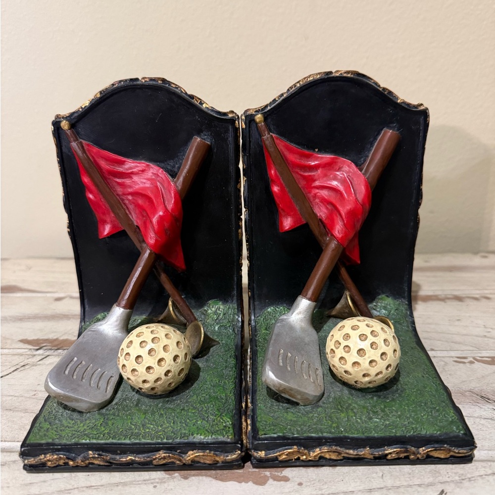 Vintage Golf-Themed Bookends with Red Flag and Golf Ball